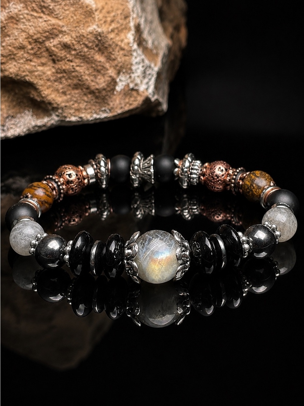 Artisan Labradorite Hematite & Onyx Bracelet - Boho Jewelry | Stretch Bracelet